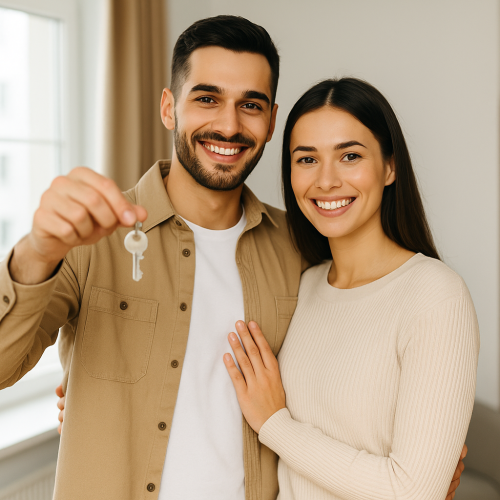 Happy couple receiving keys to their new apartment rent shield approved service